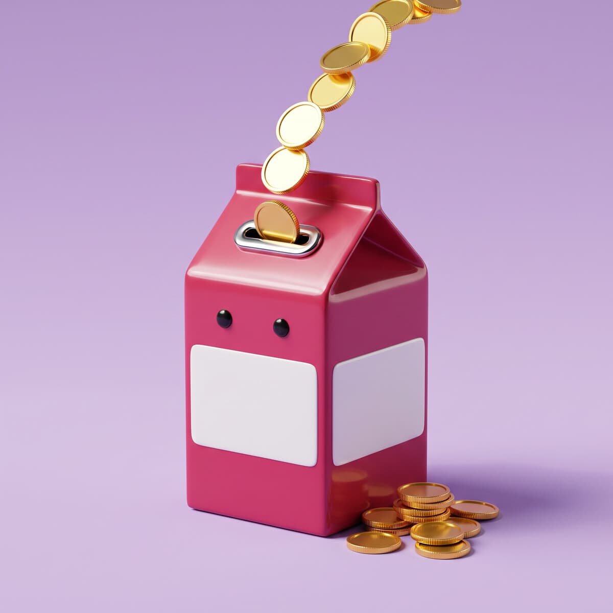 A strawberry-pink MLKY carton as a piggy bank, gold coins pouring into the slot, on a strawberry ground