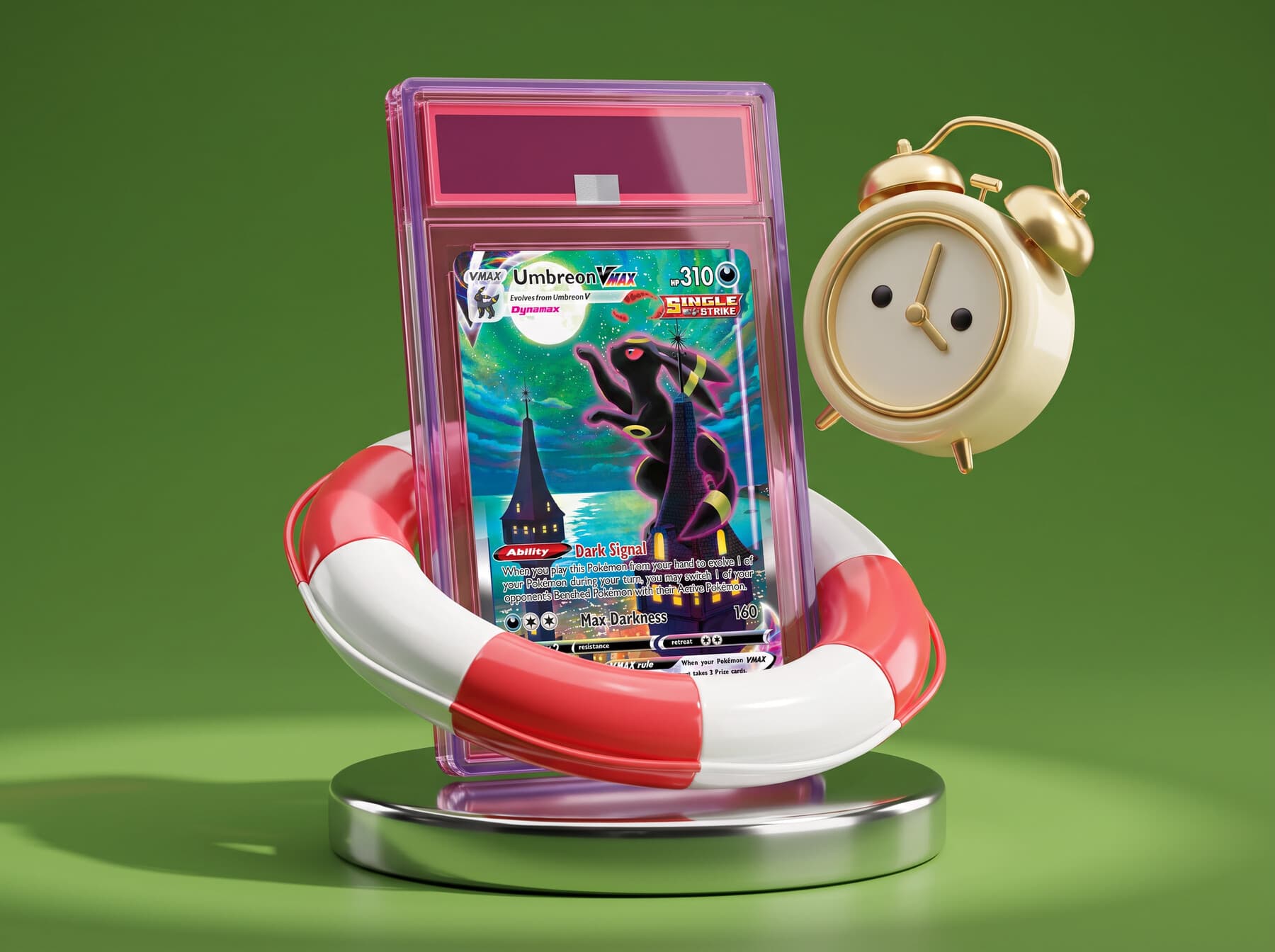 A graded card slab wearing a lifebuoy next to a friendly alarm clock on a green ground