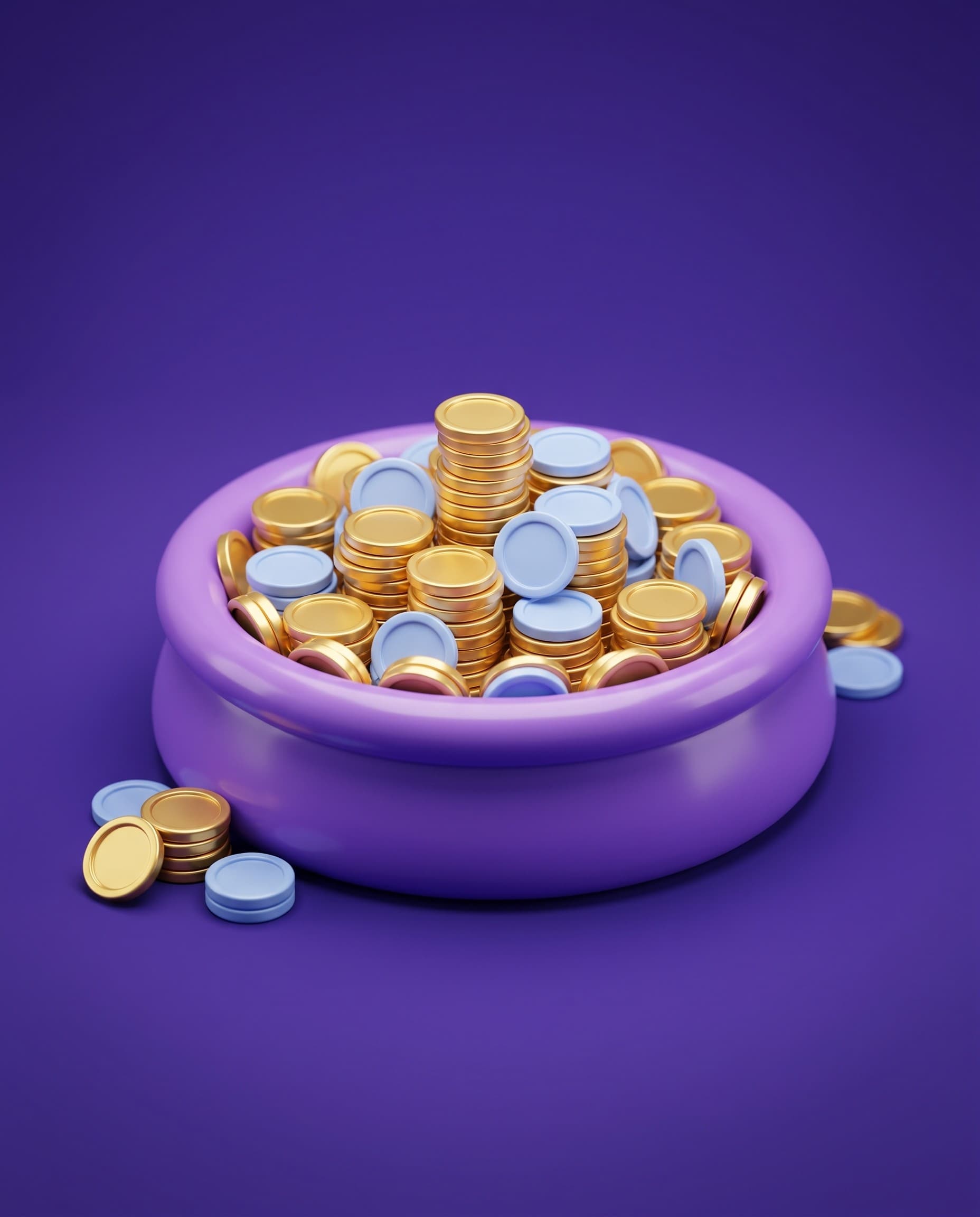 A purple paddling pool filled with stacked gold and blue coins
